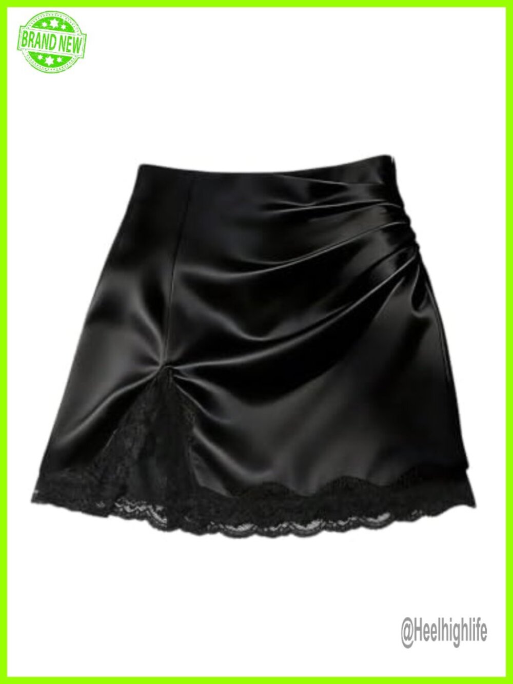 Lace Satin Slit Mini Skirt Ruched Bodycon High Waisted Club Party